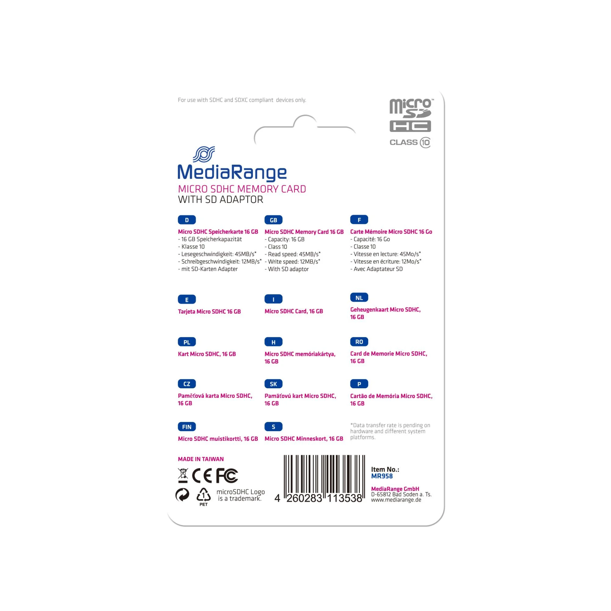 Mediarange MicroSDHC 16GB Class 10